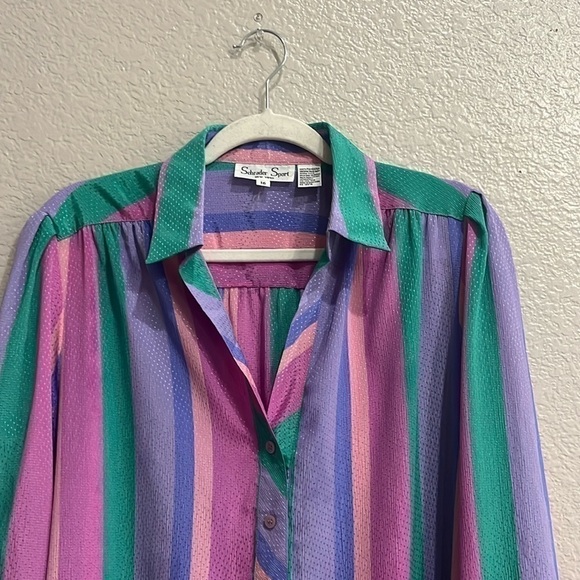 Vintage Schrader Sport Blue Green Purple Striped Long Sleeve Belt Women's  Sz 16 - Picture 4 of 12